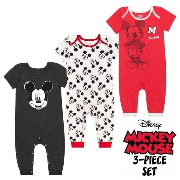 DISNEY MICKEY INFANT Super Soft Hacci Knit Romper 3-pack Set - Picture 1 of 8